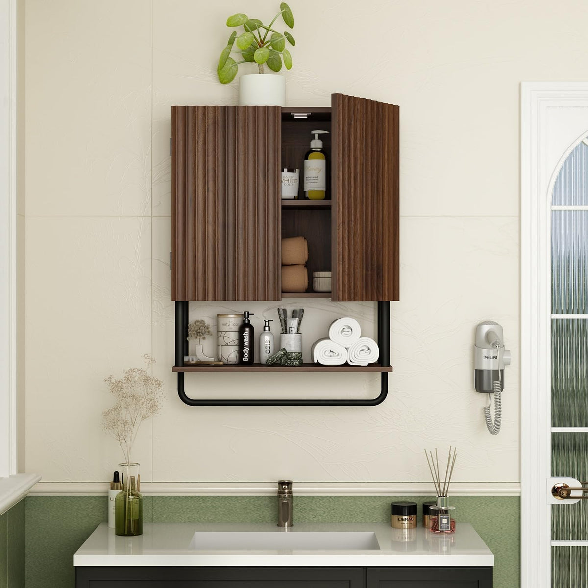 Fluted 2 Doors 3-Tier Bathroom Wall Cabinet O2766