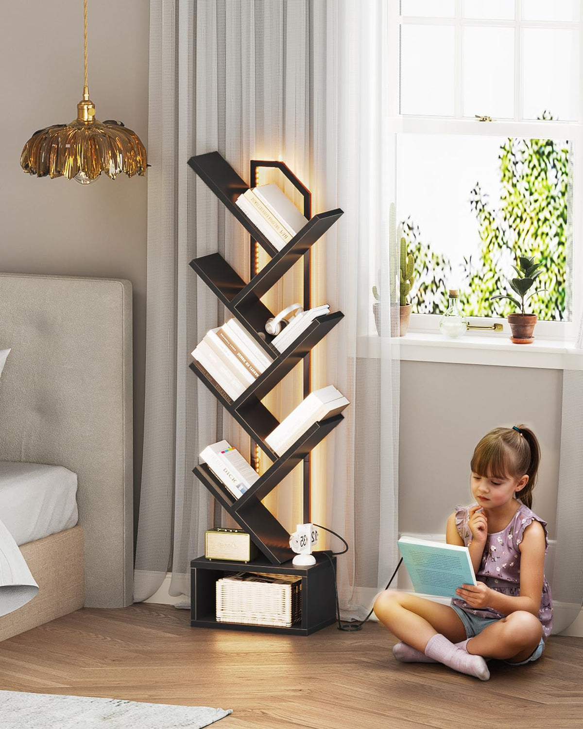Black 6-Tier Tree Bookshelf with LED Lights H776