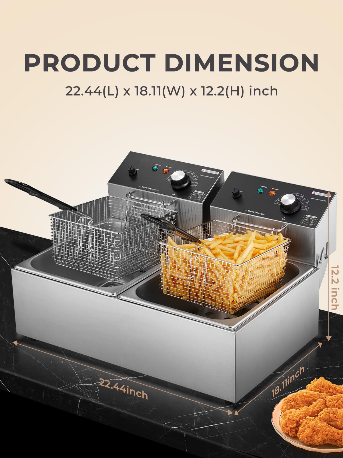 3400W 20.7QT Stainless Steel Electric Deep Fryer with 2 Removable Baskets K9296