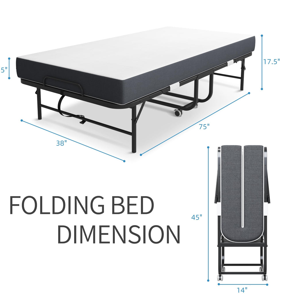 Folding Bed with Mattress, Twin Size Metal Bed Frame with Wheels L452994