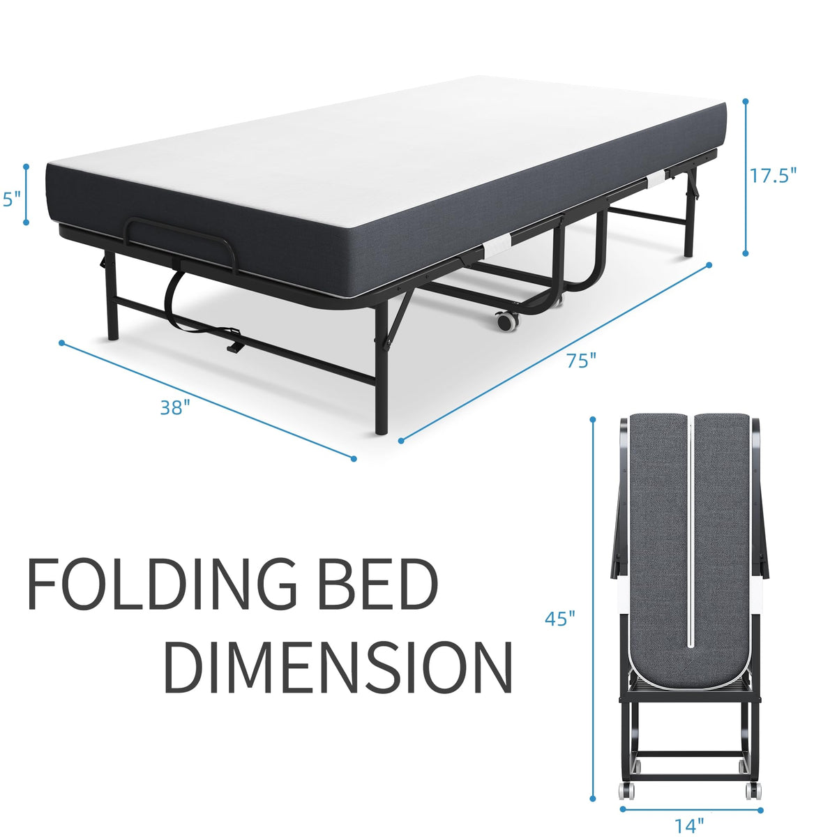Folding Bed with Mattress, Twin Size Metal Bed Frame with Wheels L452994