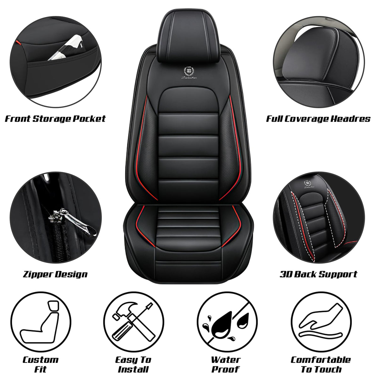 Waterproof Nappa Leather Full Coverage Car Seat Covers Full Set Black Red T204793