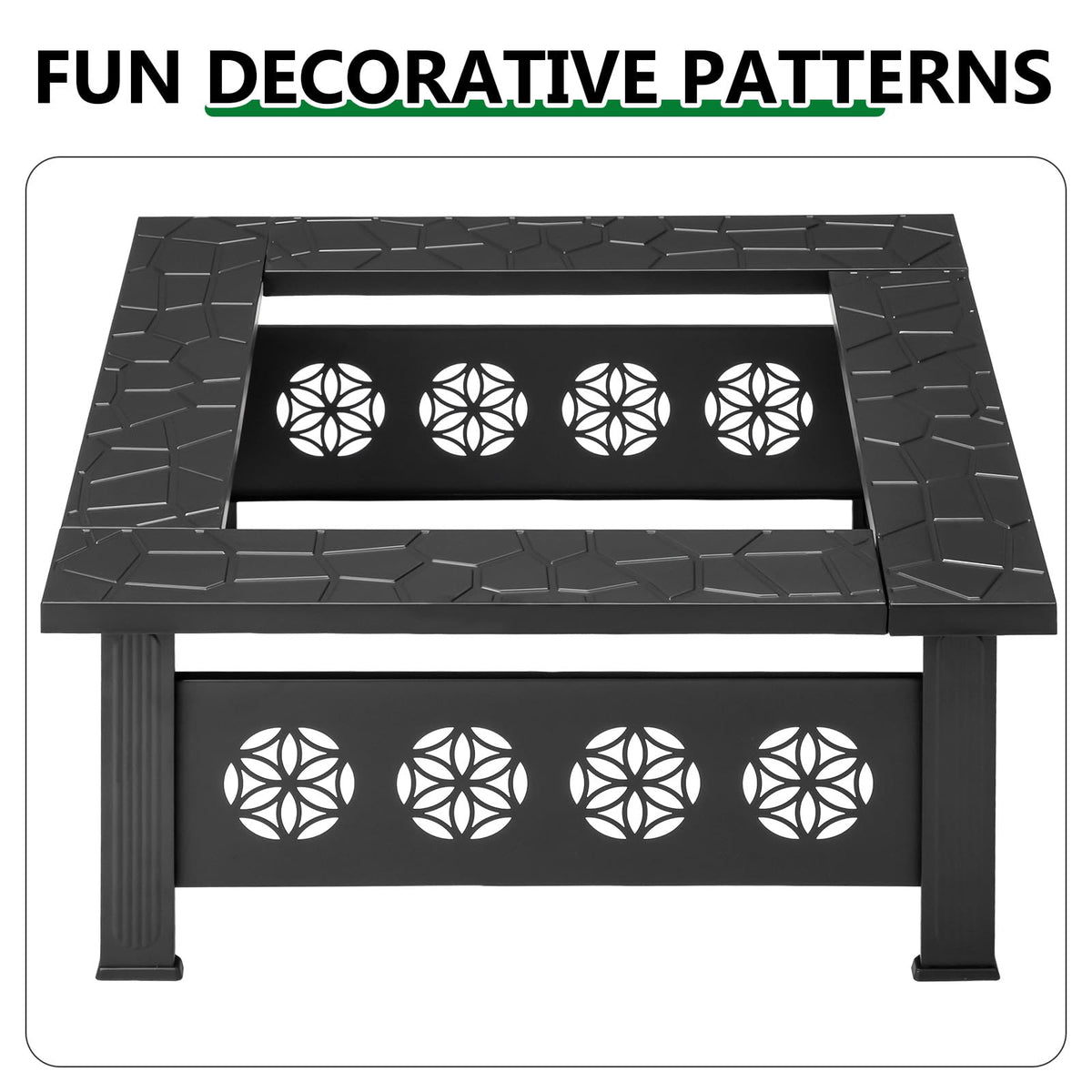 32 Inch Square Wood Burning Fire Pit Table with Spark Screen Lid and Fire Poker, Black J8070