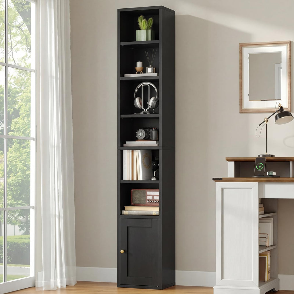 7-Tier Narrow Bookshelf with Door and Storage Cabinet, Black K959182