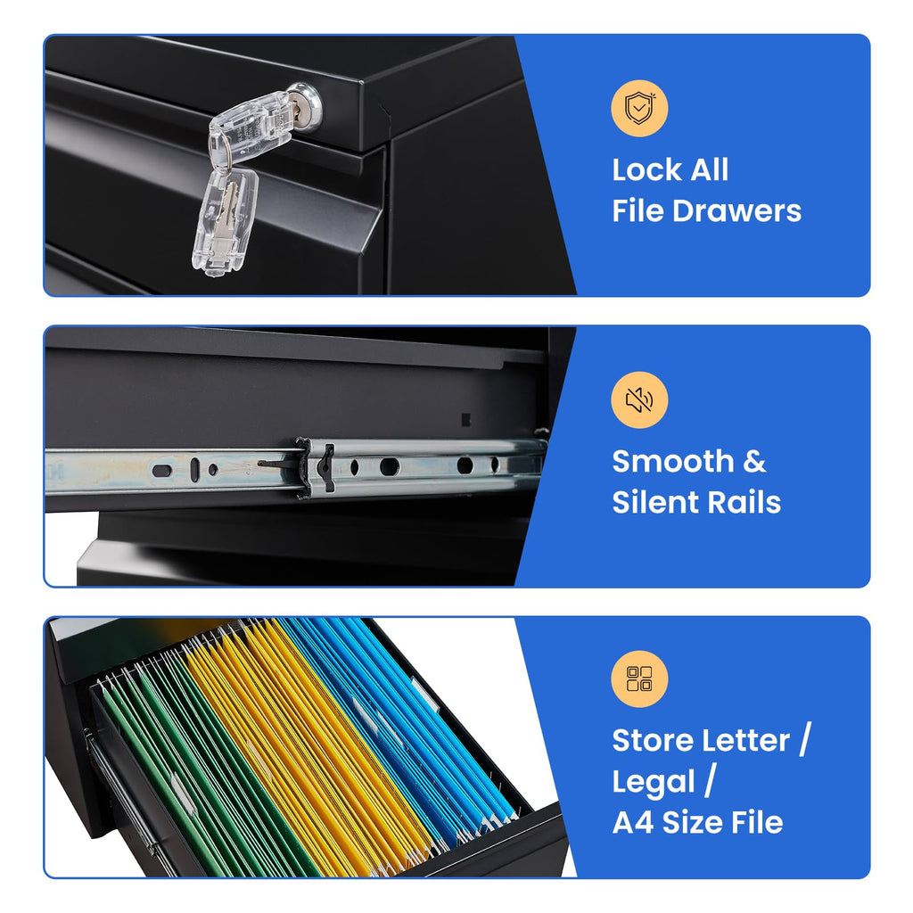 Black 3 Drawer Metal File Cabinet with Lock J880