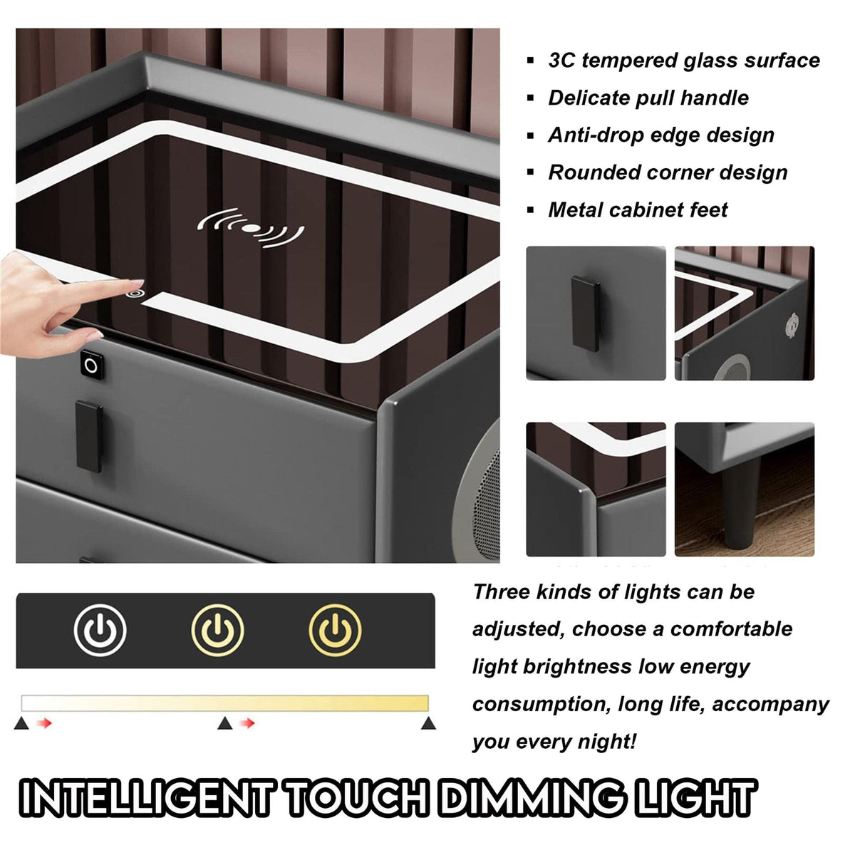 White Nightstand with Wireless Charging Station and Fingerprint Lock Drawer F32303