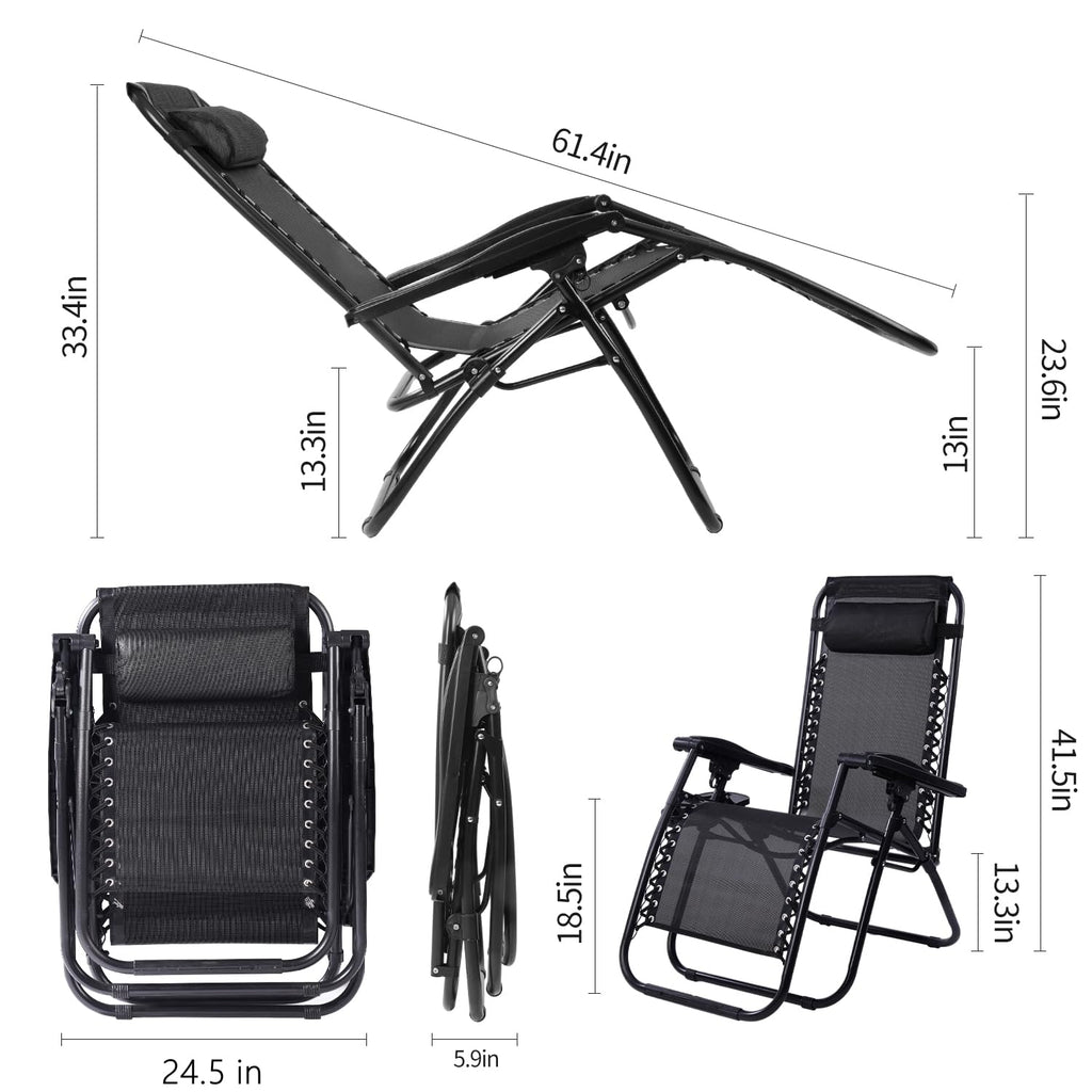 Black Adjustable Steel Mesh Zero Gravity Lounge Chair with Pillow and Cup Holder W7226