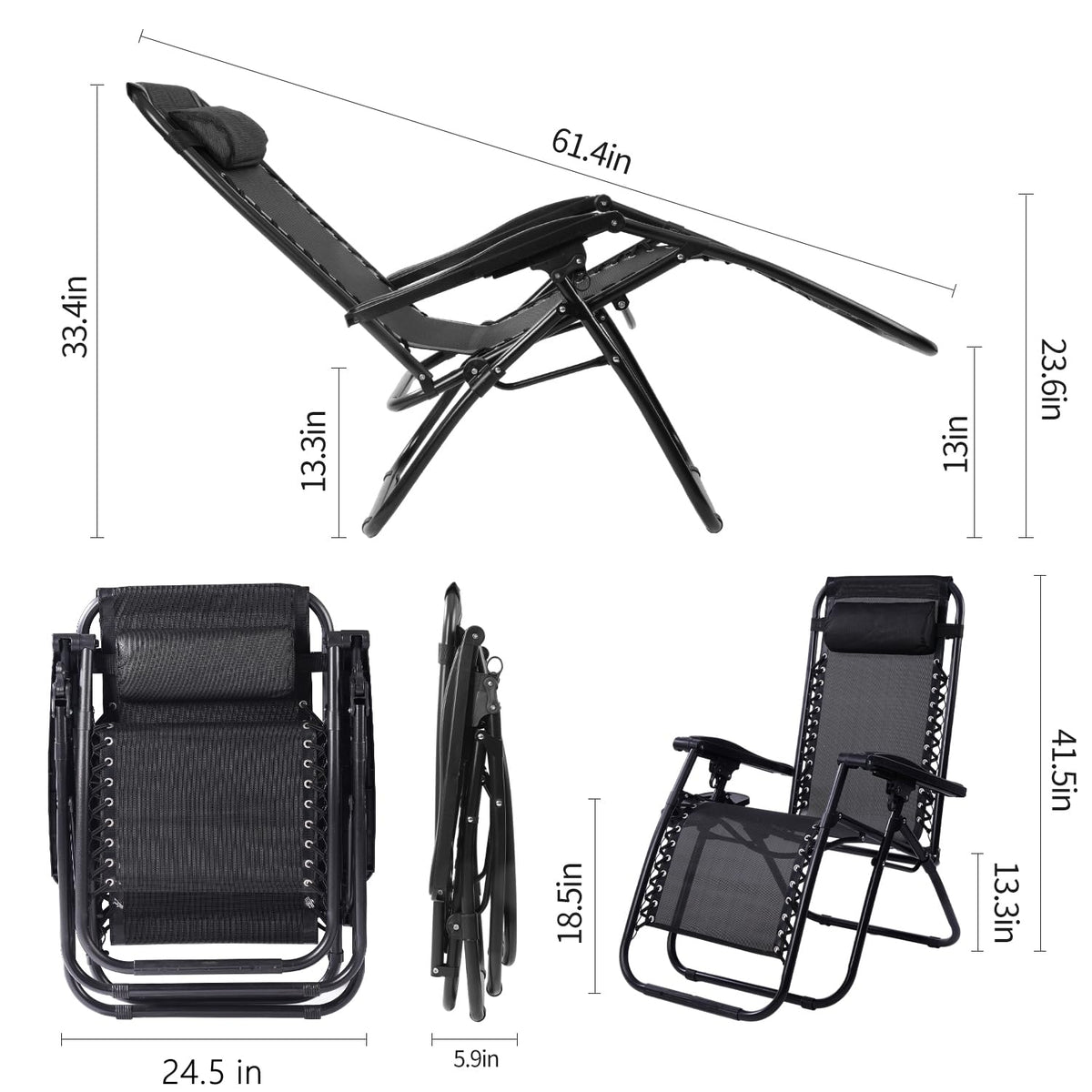 Black Adjustable Steel Mesh Zero Gravity Lounge Chair with Pillow and Cup Holder W7226