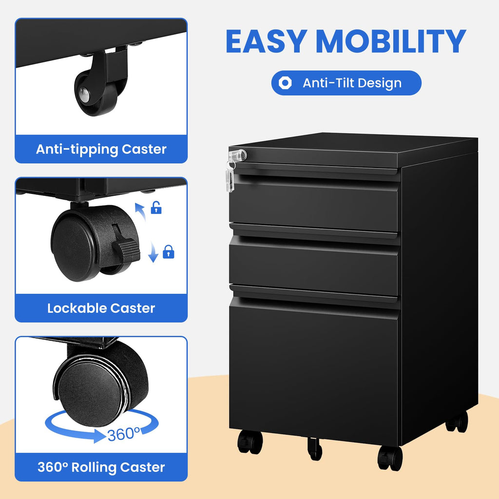 Black 3 Drawer Metal File Cabinet with Lock J880
