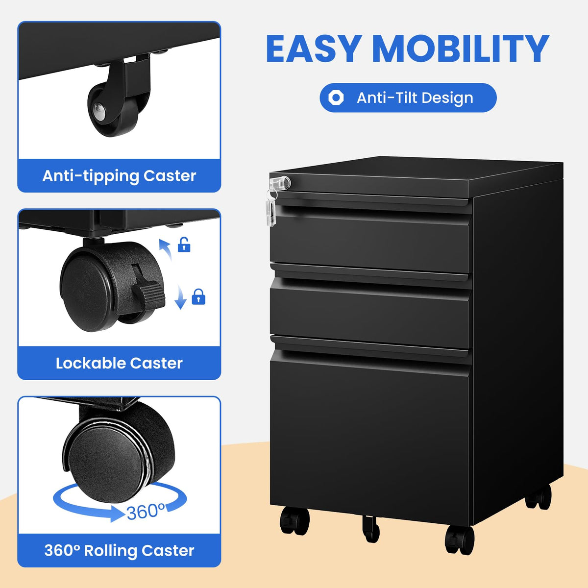 Black 3 Drawer Metal File Cabinet with Lock J880