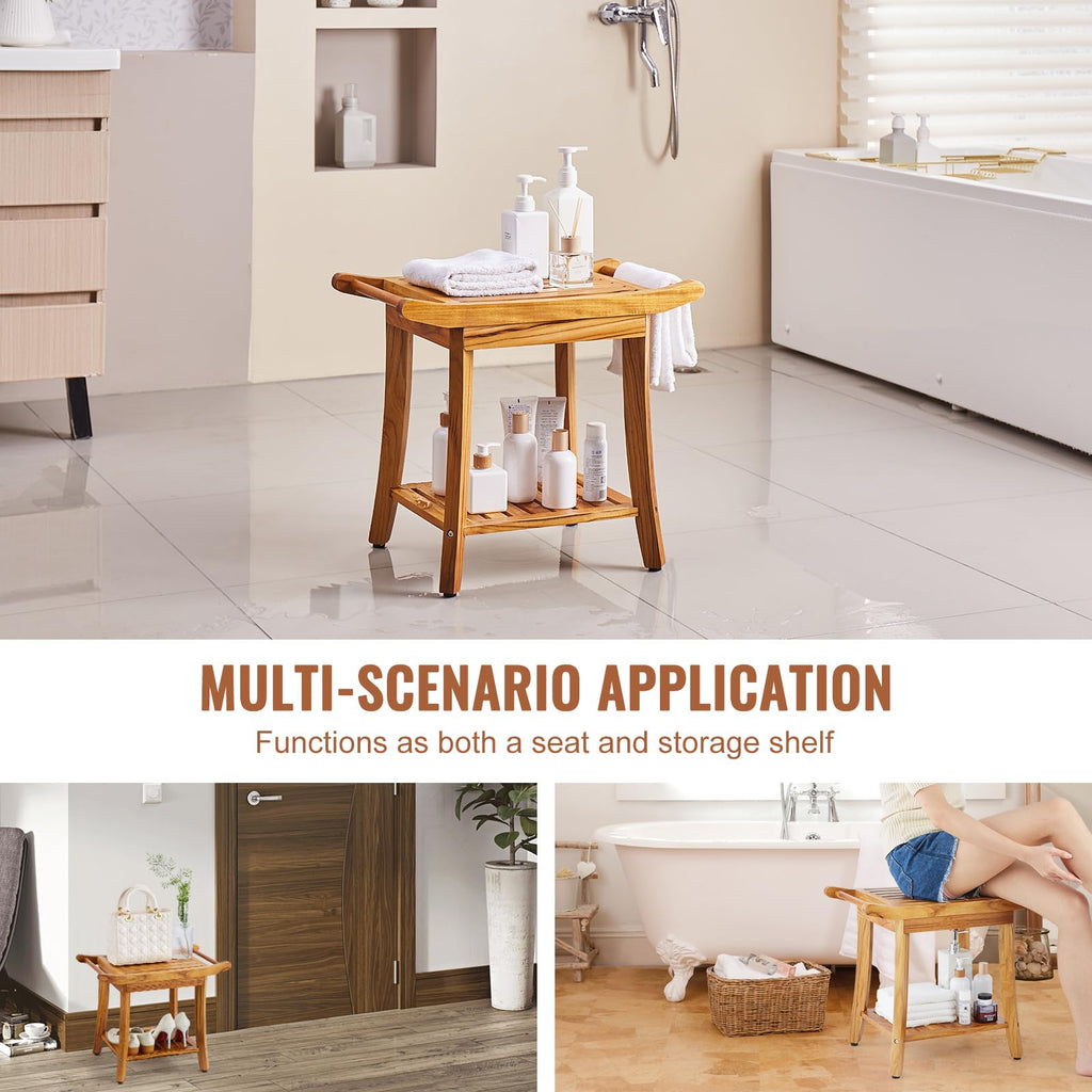 Teak Shower Bench with Storage Shelf F413368