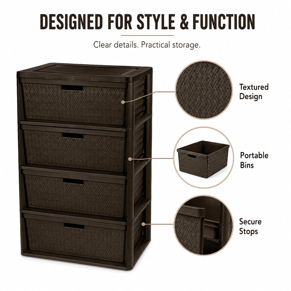 Brown 4-Drawer Plastic Storage Tower F323