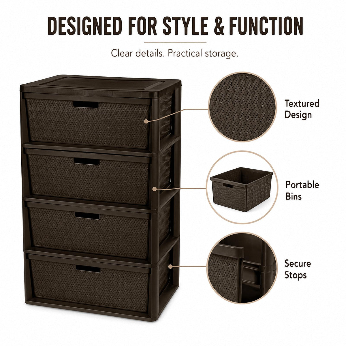Brown 4-Drawer Plastic Storage Tower F323