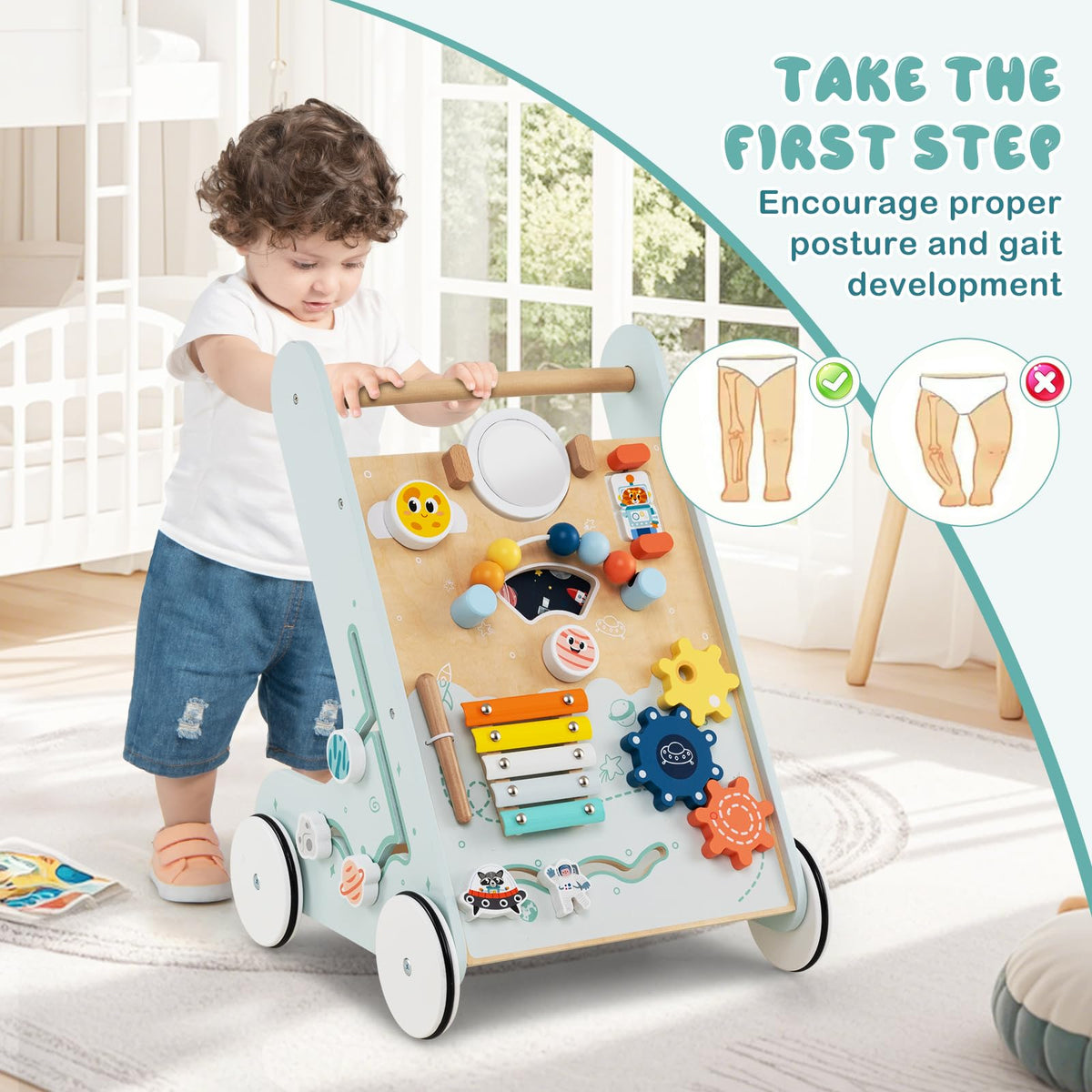 Wooden Baby Walker Push and Pull Learning Activity Center with Wheels Storage Green O86115