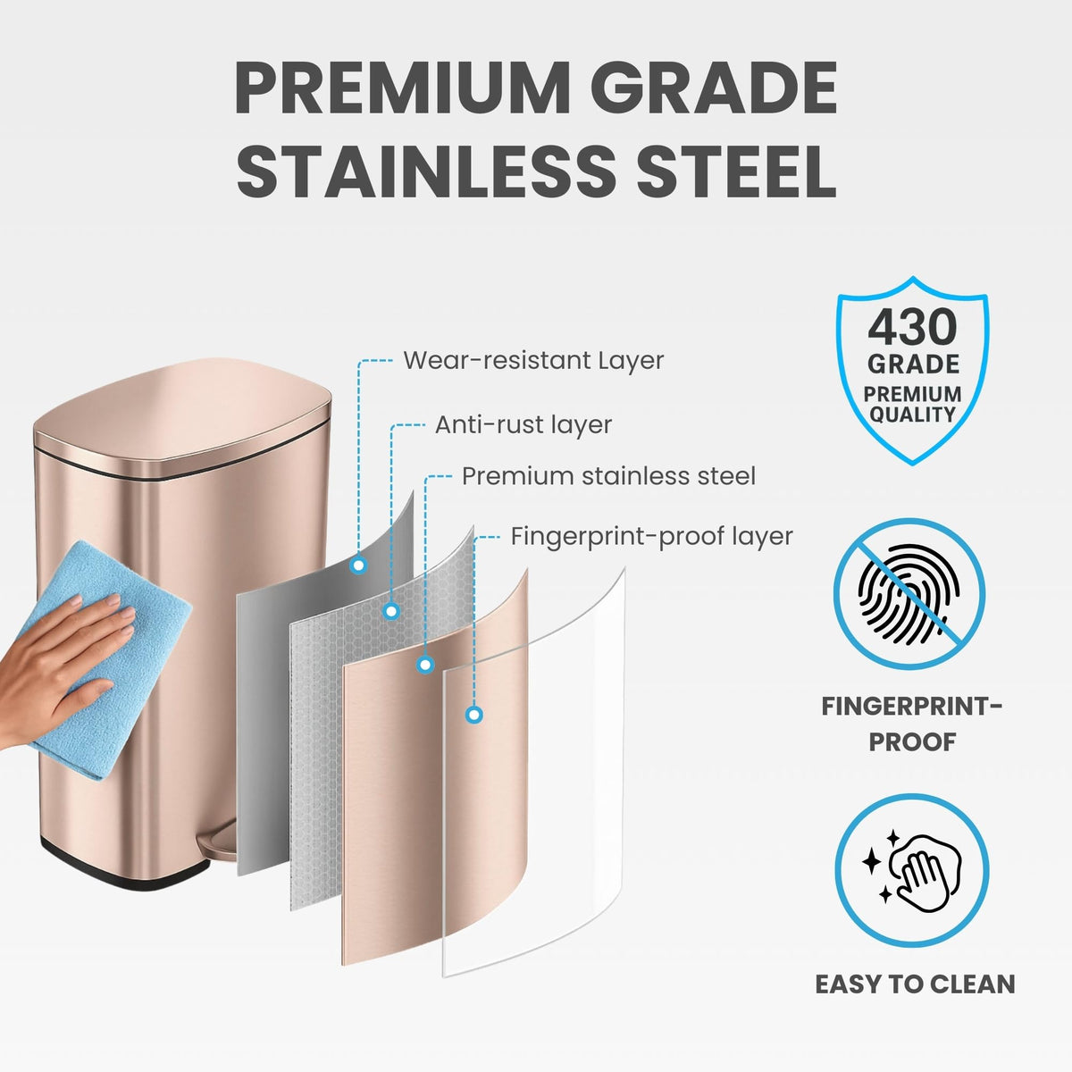 13.2 Gallon Rose Gold Stainless Steel Step Trash Can L687417