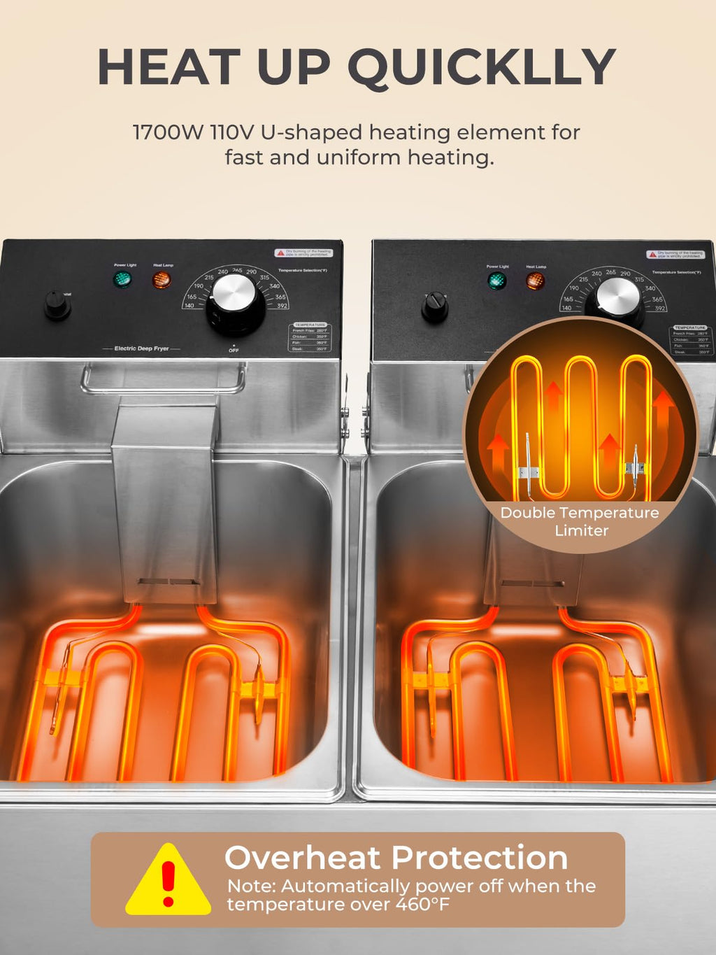 3400W 20.7QT Stainless Steel Electric Deep Fryer with 2 Removable Baskets K9296