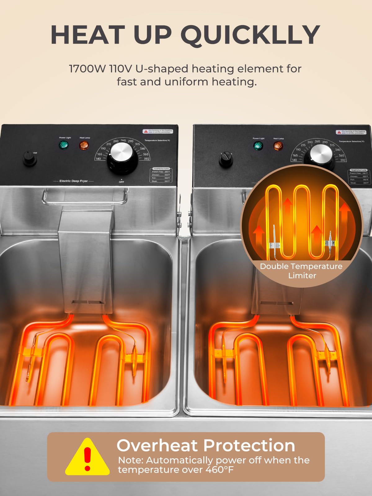 3400W 20.7QT Stainless Steel Electric Deep Fryer with 2 Removable Baskets K9296