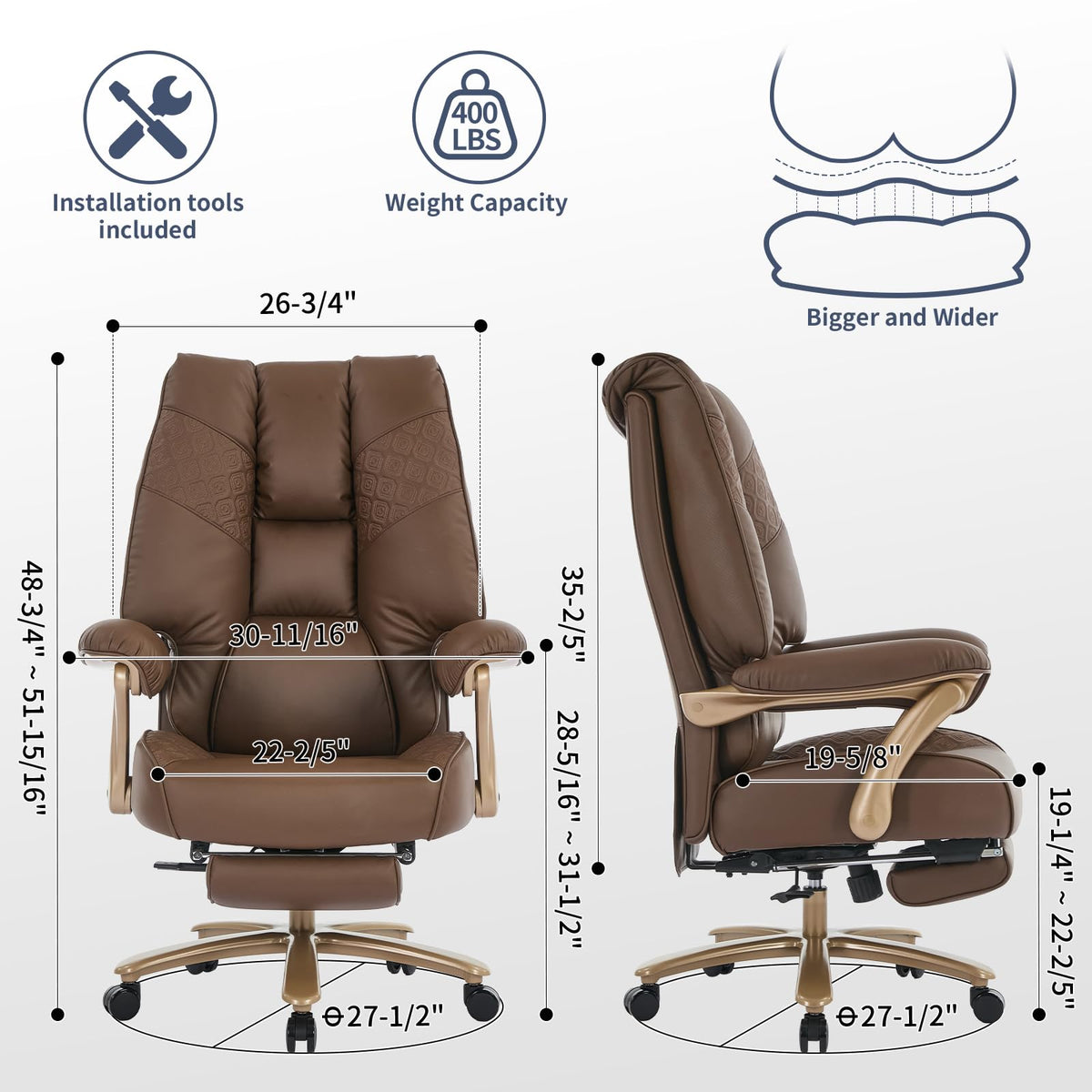 Big and Tall Ergonomic Office Chair with Footrest, 400LBS Capacity Brown PU Leather W3524