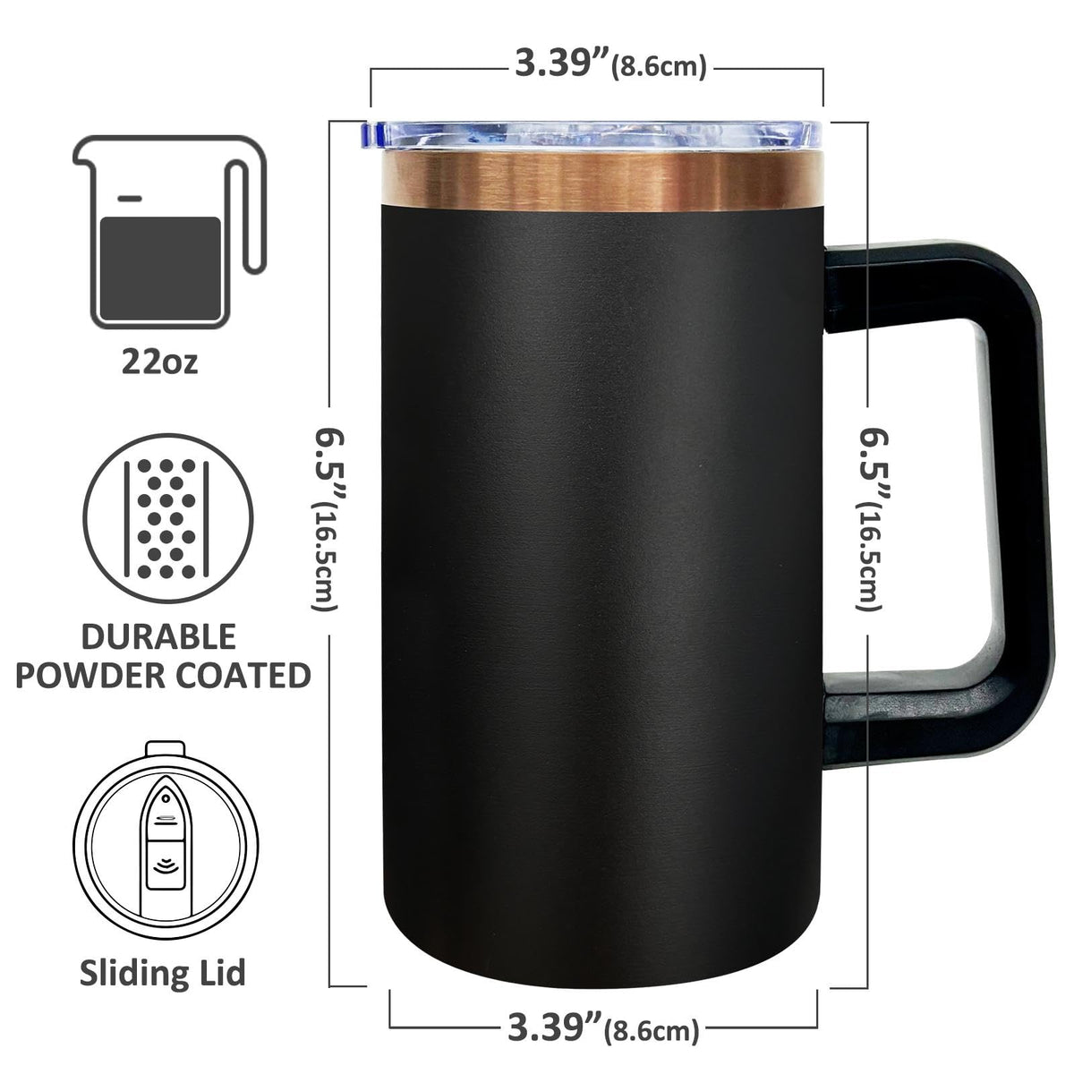 22oz Insulated Coffee Mug with Handle and Lid Black A2167