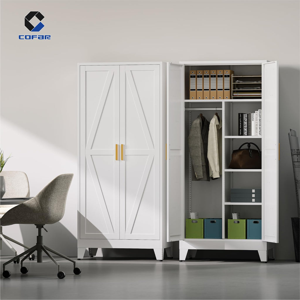 Metal Wardrobe Closet with Doors, 71'' Tall Steel Armoire with Shelves C77152