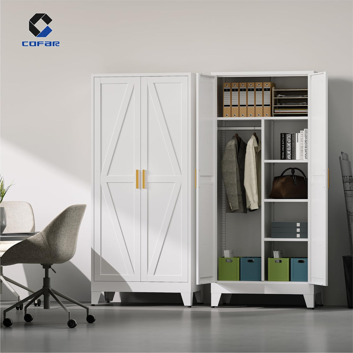 Metal Wardrobe Closet with Doors, 71'' Tall Steel Armoire with Shelves C77152