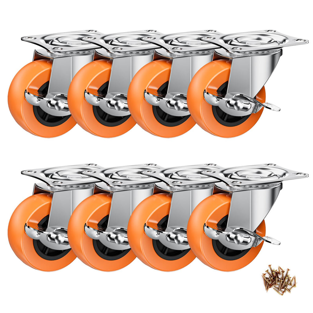 2" Plate Casters with Brake, 8 Pack PU Swivel Wheels T78983