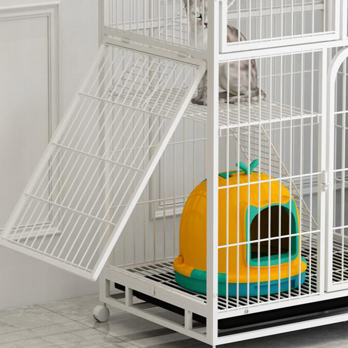 Large 3-Tier Metal Wire Cat Cage with Hammock and Casters B988418