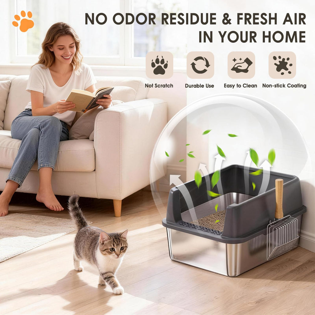 Stainless Steel High Sided Litter Box with Scoop J214966