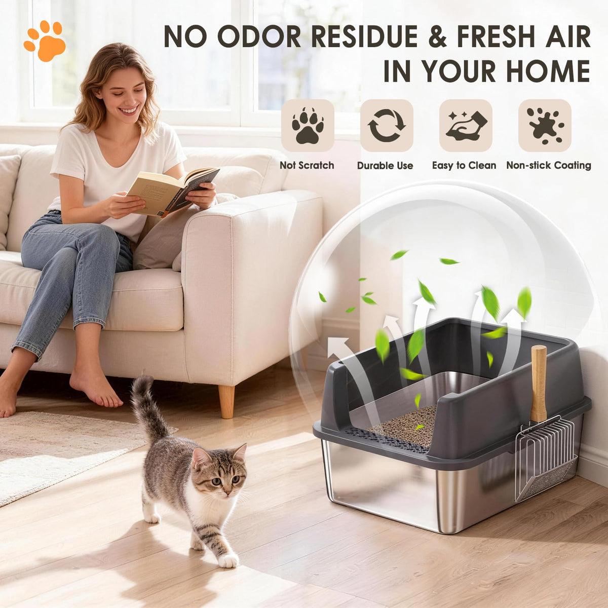 Stainless Steel High Sided Litter Box with Scoop J214966