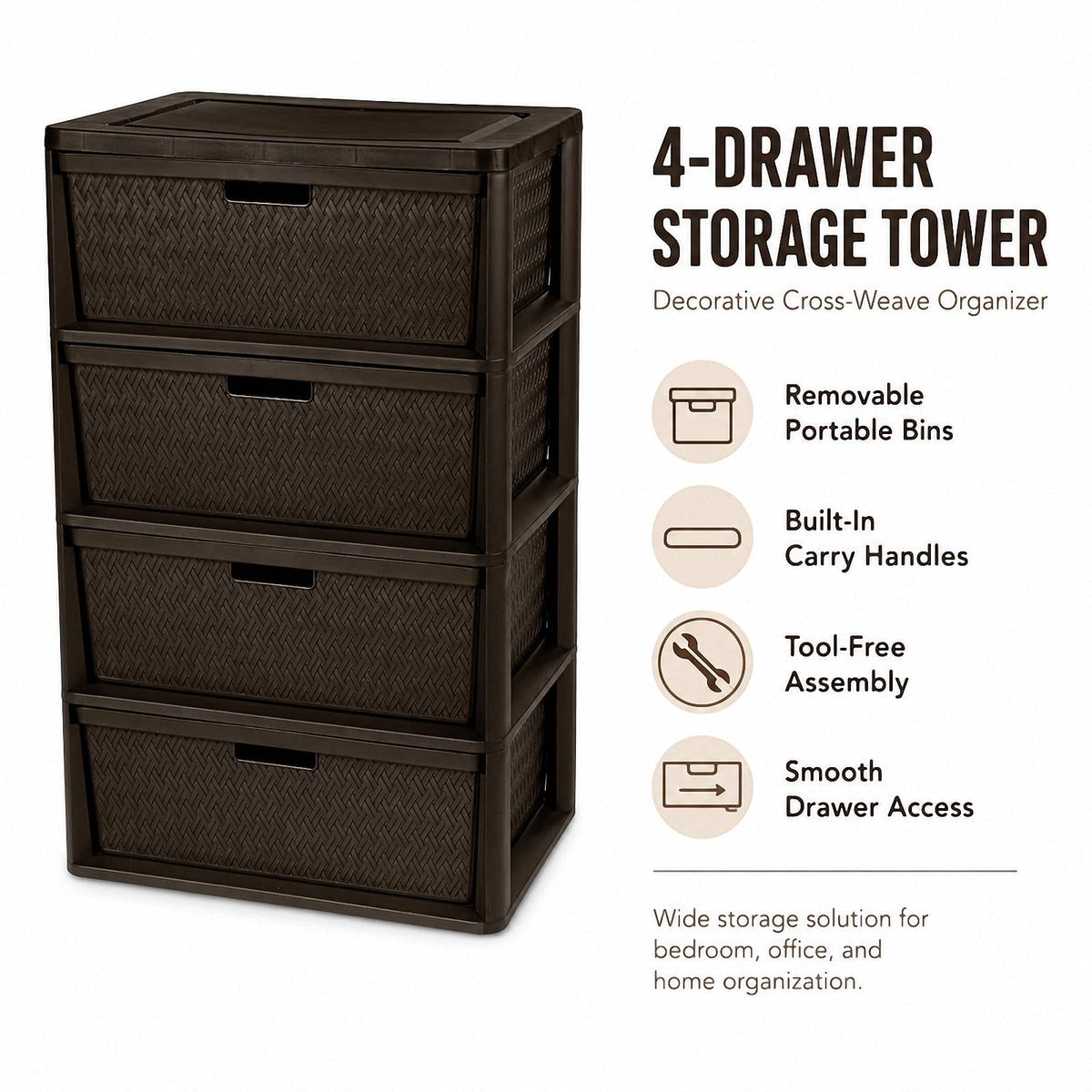 Brown 4-Drawer Plastic Storage Tower F323