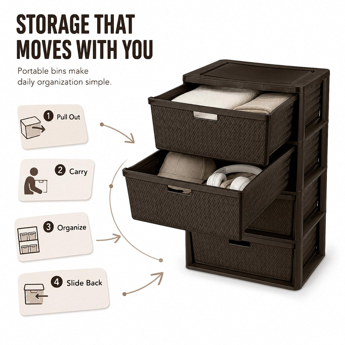 Brown 4-Drawer Plastic Storage Tower F323