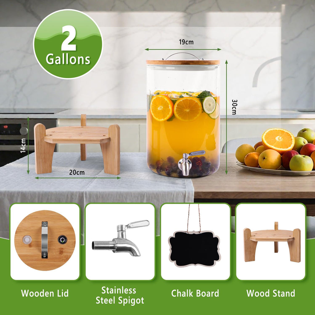 2 Gallon Glass Beverage Dispenser with Wood Stand and Stainless Steel Spigot T584