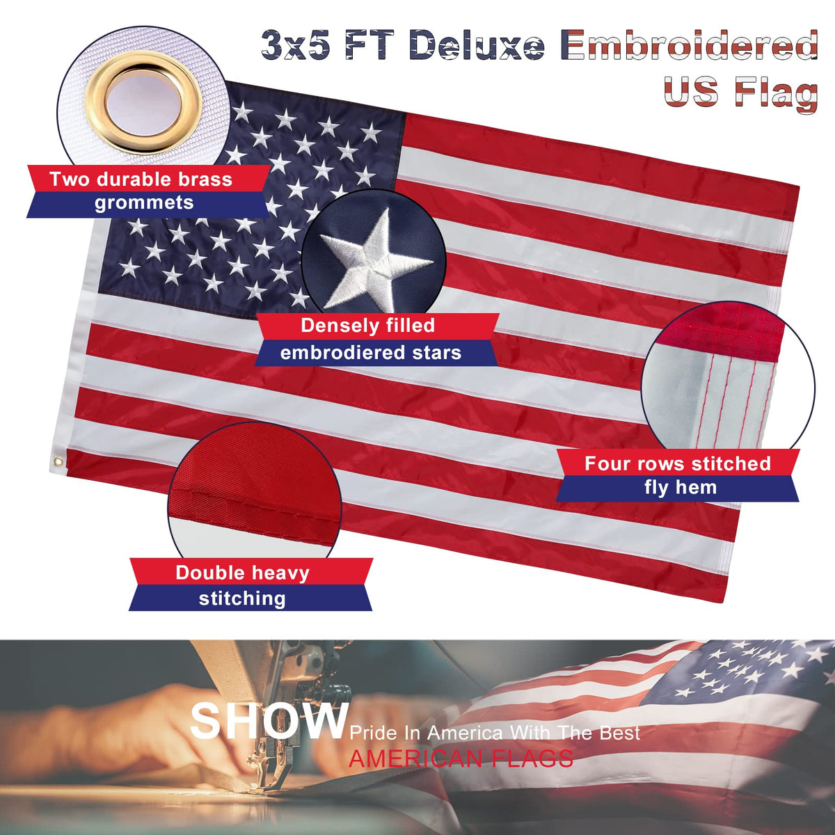 5ft Tangle Free Metal House Flag Pole with 3x5 Embroidered US Flag F366