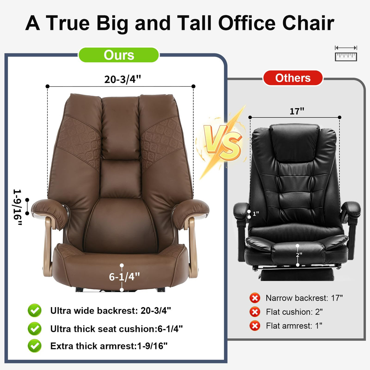 Big and Tall Ergonomic Office Chair with Footrest, 400LBS Capacity Brown PU Leather W3524