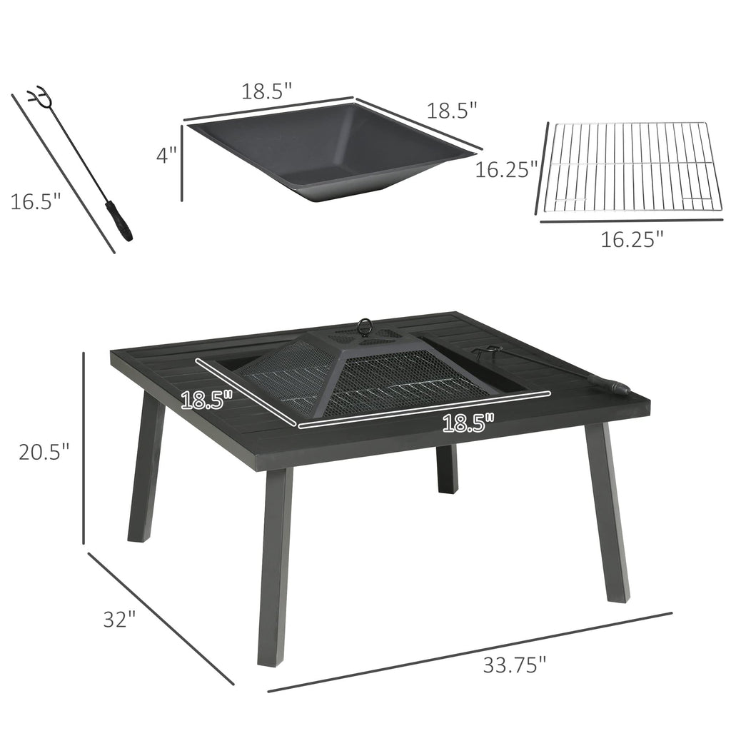 34" Fire Pit with Grill Spark Screen Poker Cover Black U8558