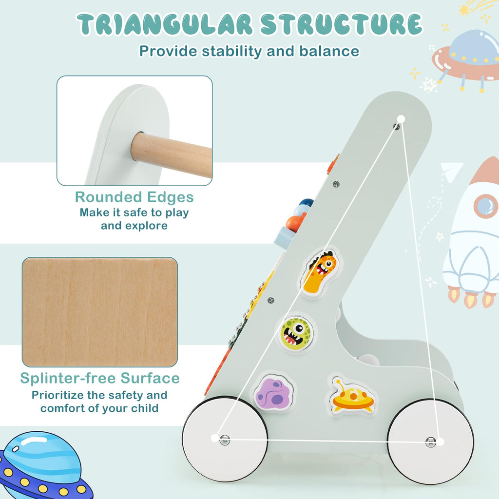 Wooden Baby Walker Push and Pull Learning Activity Center with Wheels Storage Green O86115