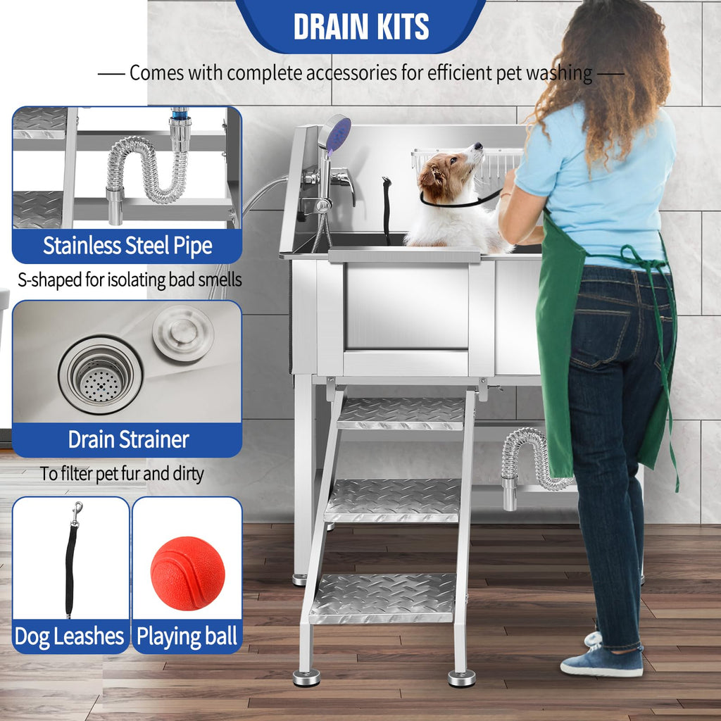 Height Adjustable Stainless Steel Dog Grooming Tub W92446