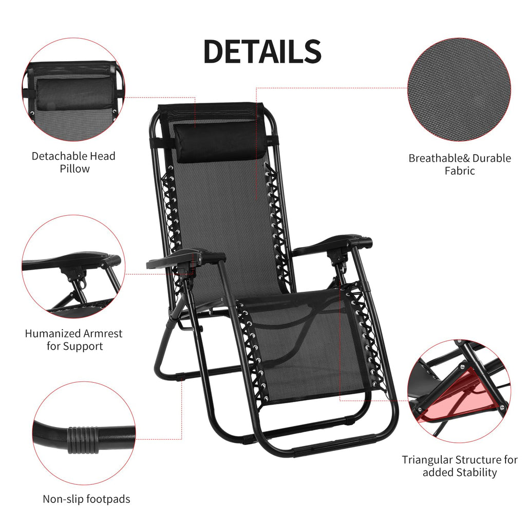Black Adjustable Steel Mesh Zero Gravity Lounge Chair with Pillow and Cup Holder W7226