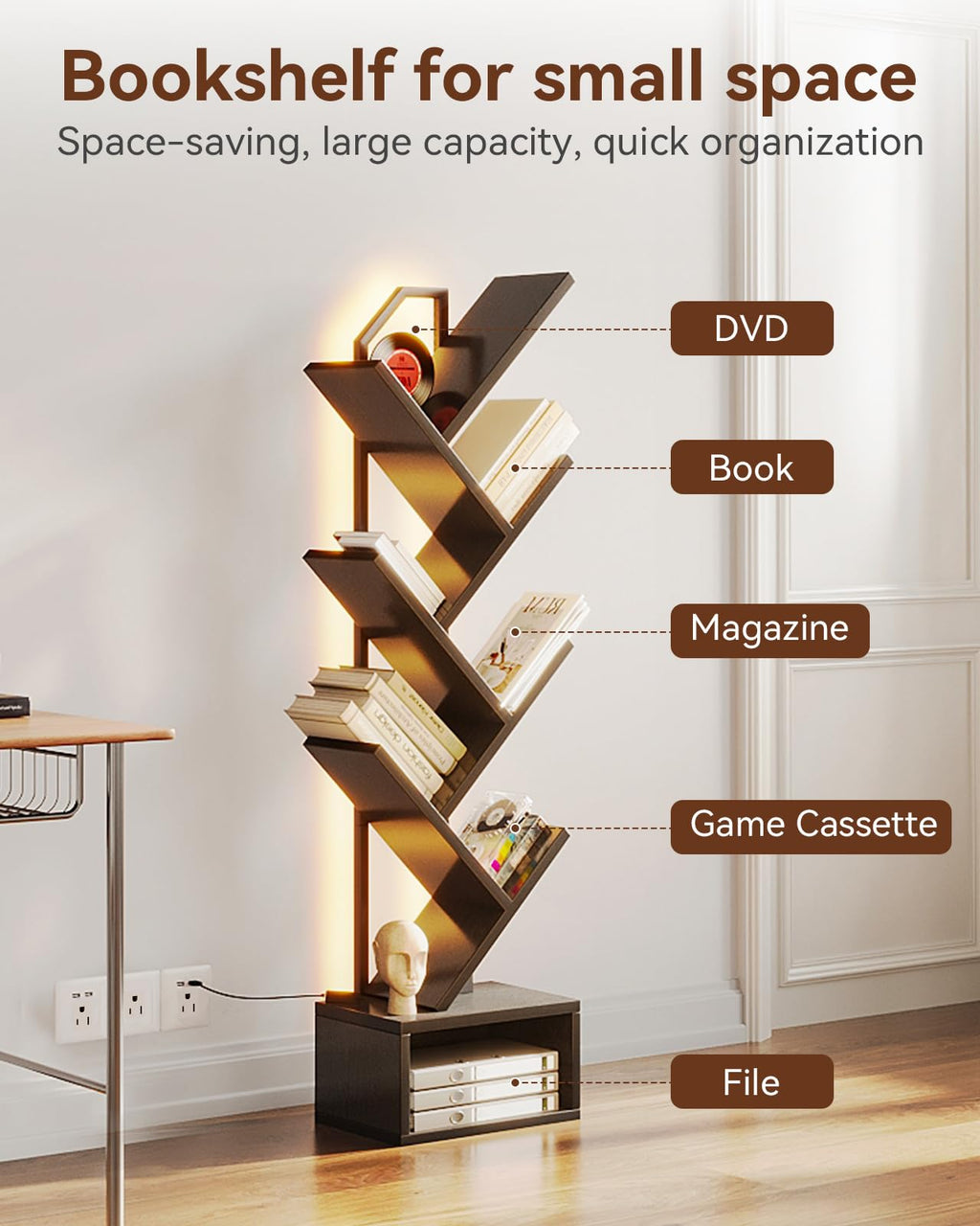 Black 6-Tier Tree Bookshelf with LED Lights H776