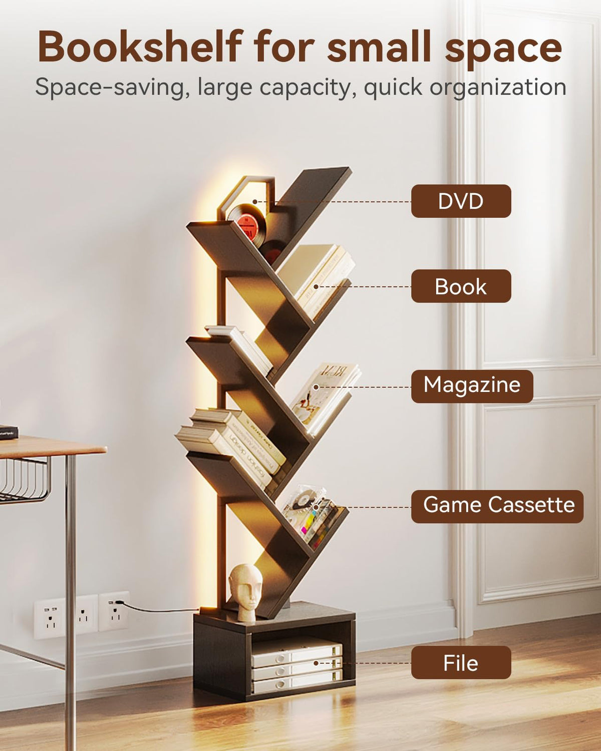 Black 6-Tier Tree Bookshelf with LED Lights H776