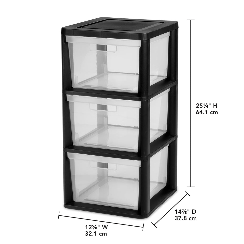 Black 3 Drawer Plastic Storage Tower with Clear Bins X588