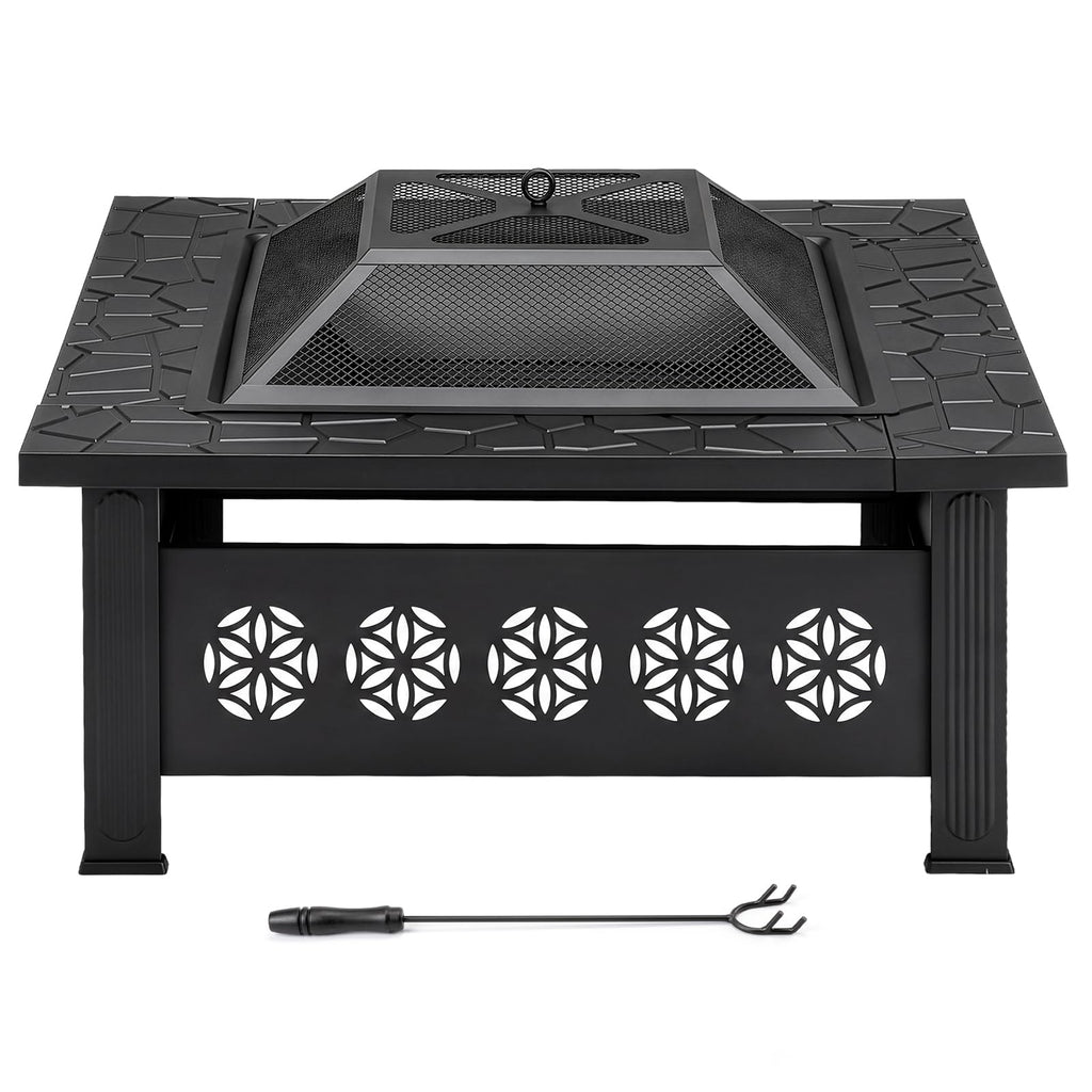 32 Inch Square Wood Burning Fire Pit Table with Spark Screen Lid and Fire Poker, Black J8070