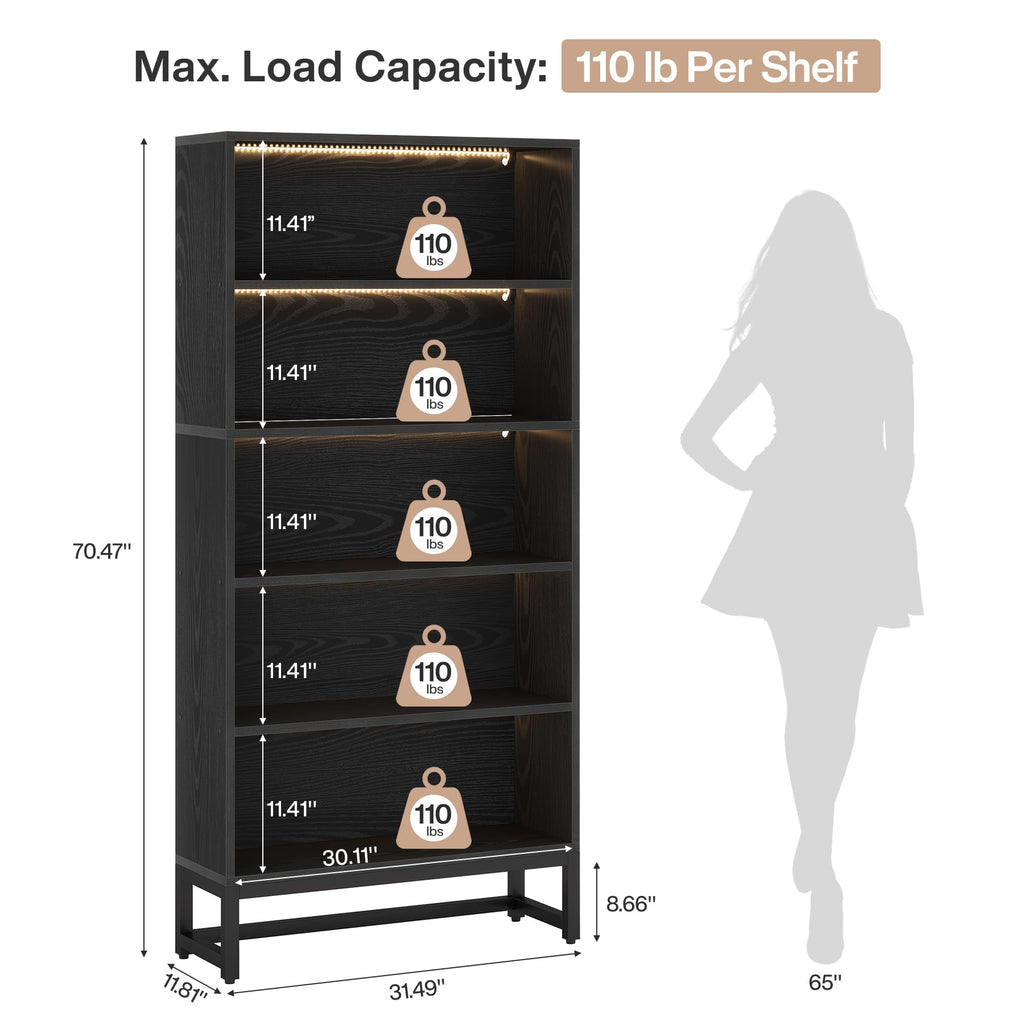 Black 70.8” 5-Tier Bookcase with LED Lights X2333