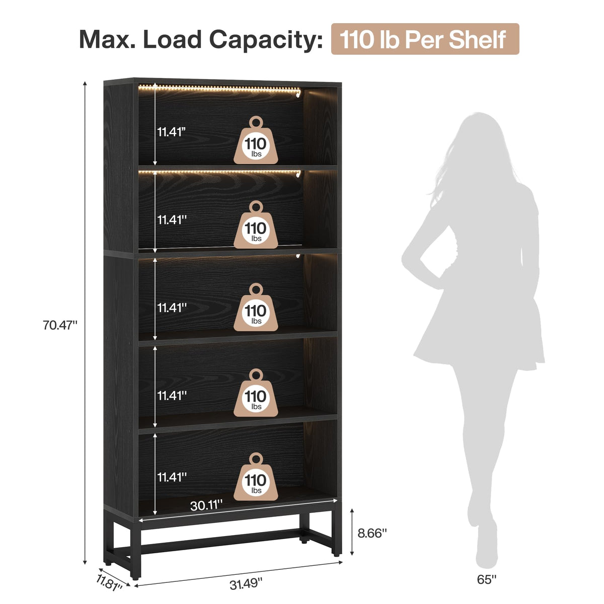 Black 70.8” 5-Tier Bookcase with LED Lights X2333