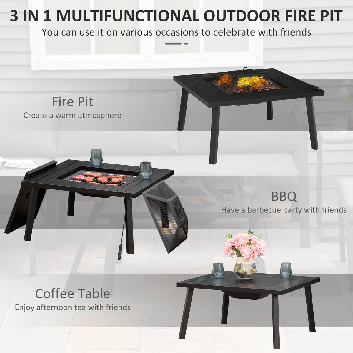 34" Fire Pit with Grill Spark Screen Poker Cover Black U8558