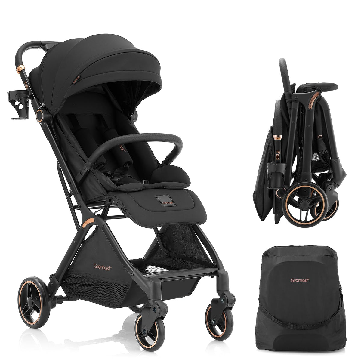 Gravity Folding Baby Stroller with Canopy & Cup Holder, Black S26397