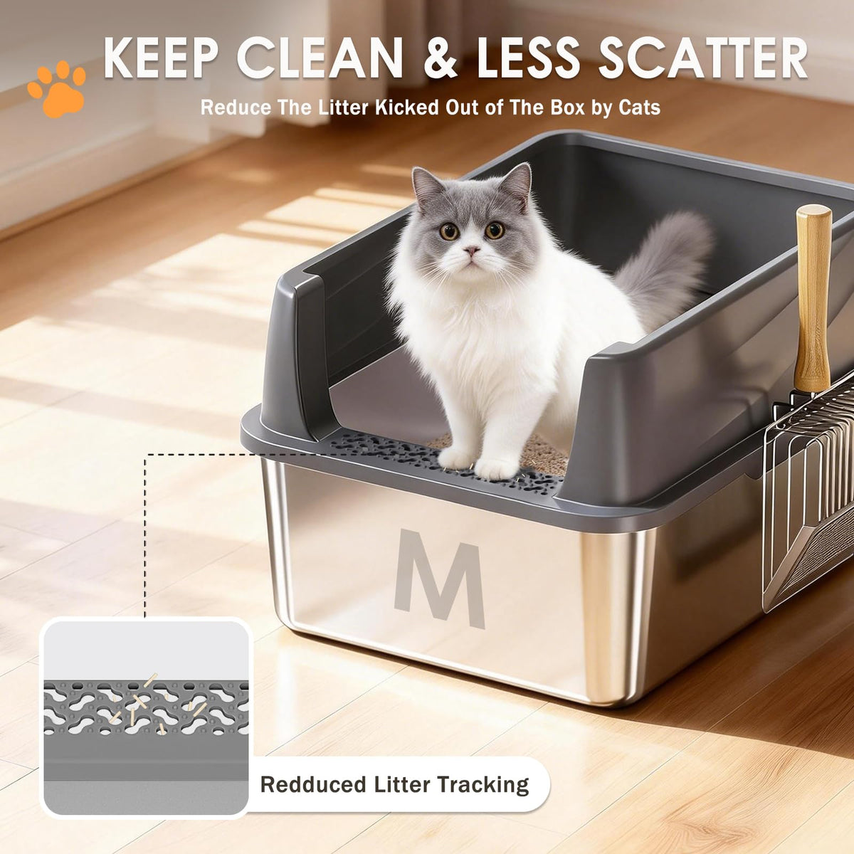Stainless Steel High Sided Litter Box with Scoop J214966
