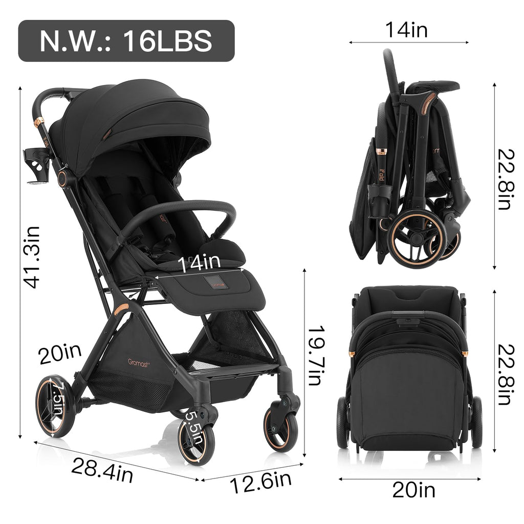 Gravity Folding Baby Stroller with Canopy & Cup Holder, Black S26397