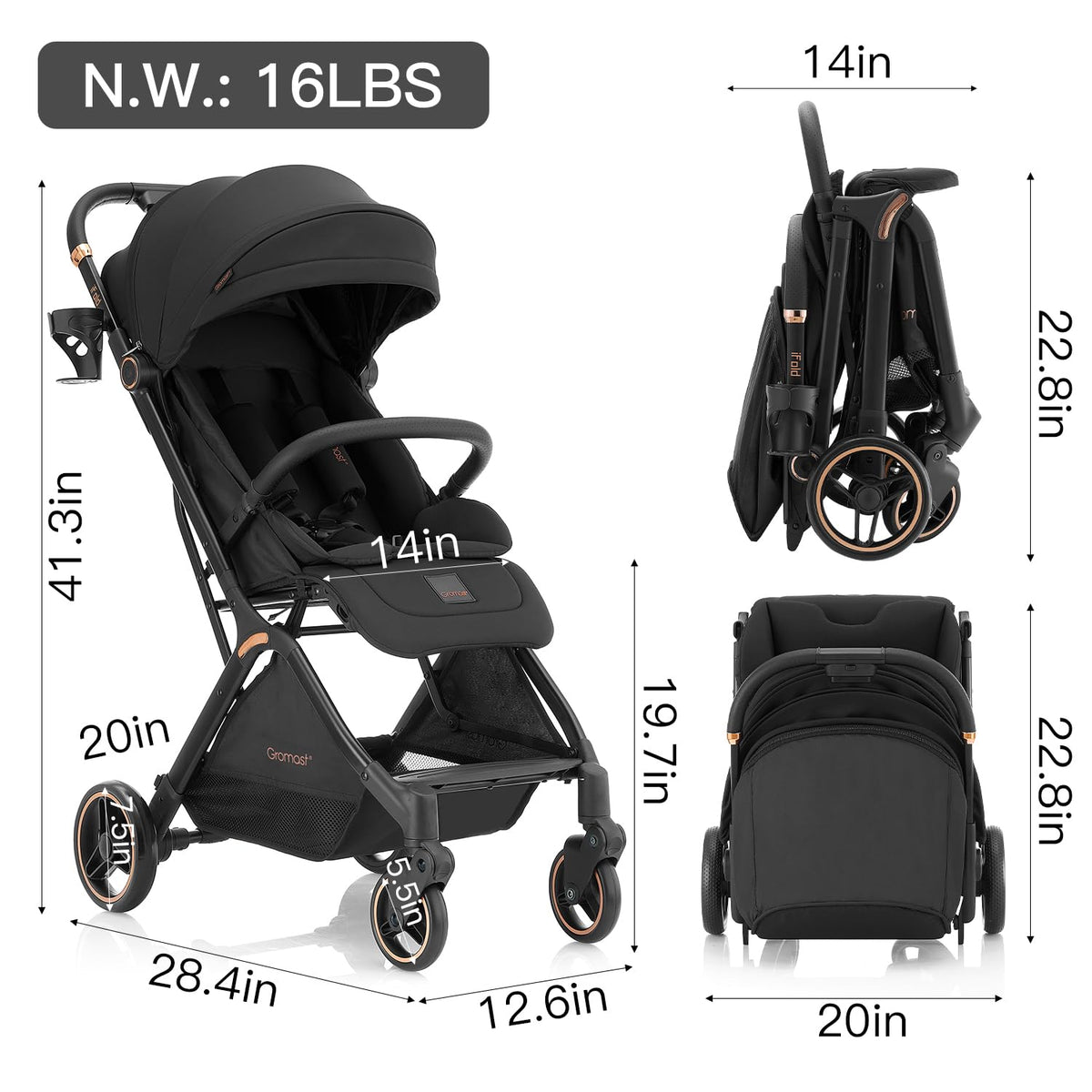 Gravity Folding Baby Stroller with Canopy & Cup Holder, Black S26397