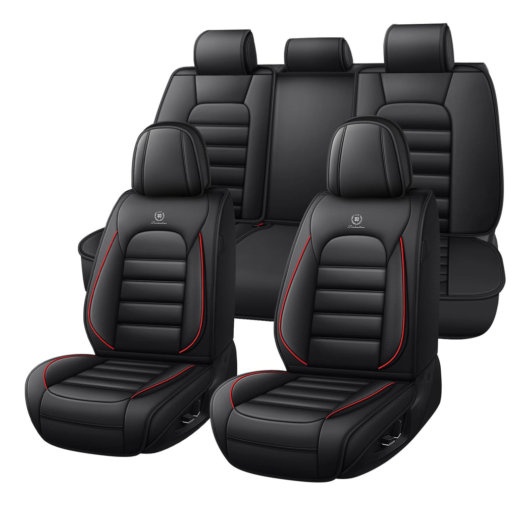 Waterproof Nappa Leather Full Coverage Car Seat Covers Full Set Black Red T204793